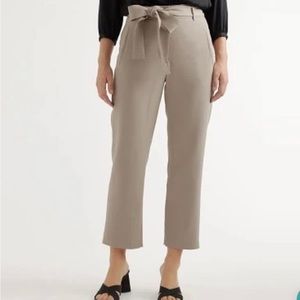 NWT Quince Stretch Crepe Paperbag Straight Leg Belted Pants Taupe